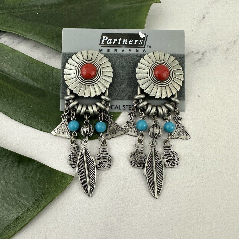 Partners Vintage Dangle Earrings NOS Tin Silver Tone Southwest Pottery Feathers